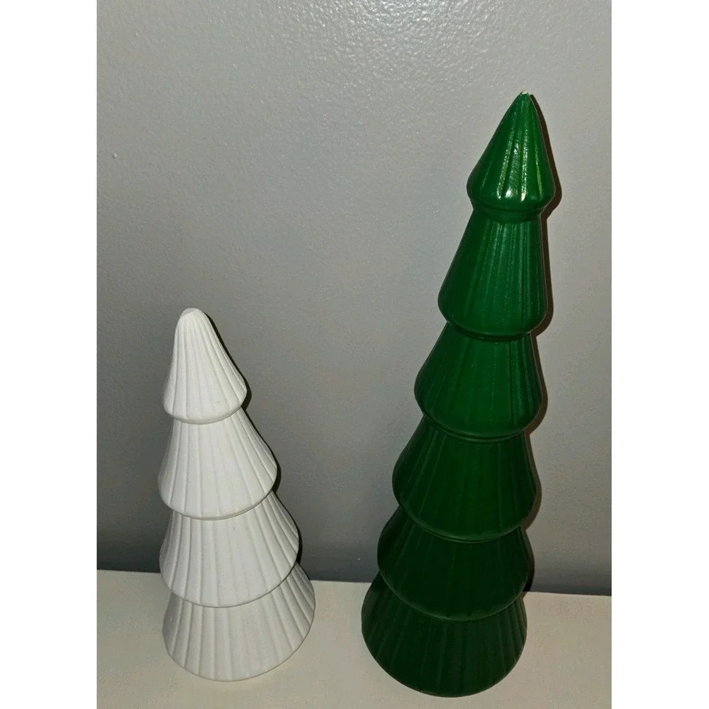 Modern Ceramic Christmas Tree Set Green and White Fluted Holiday Decor‎ 2 Piece